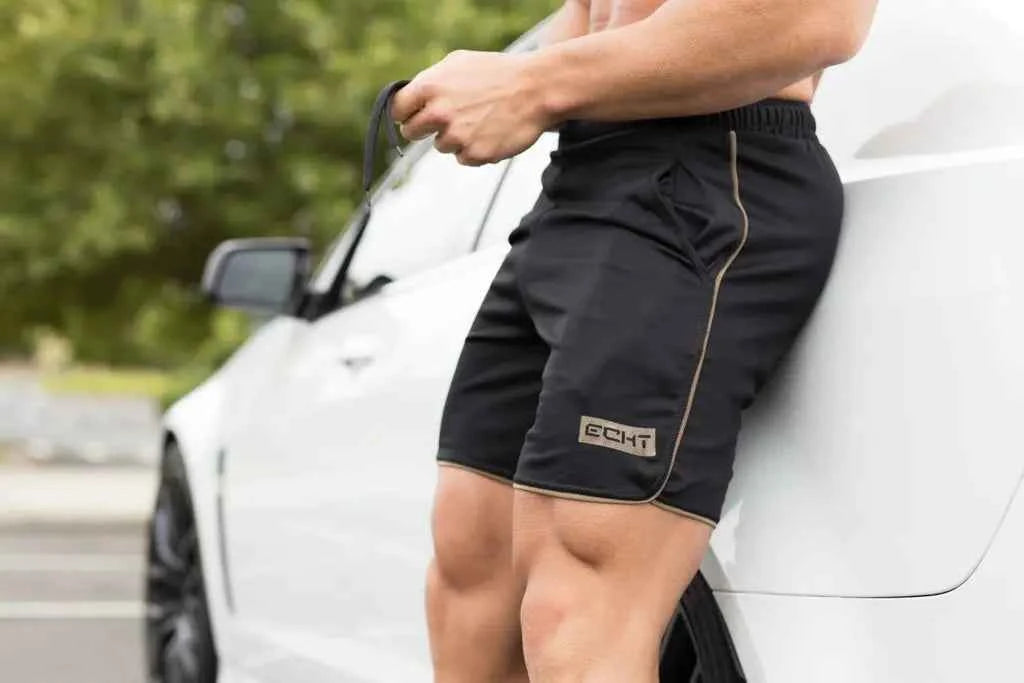 Black men's athletic running shorts from Mead's Supply & Equipment Outfitters, moisture-wicking and breathable for outdoor sports.