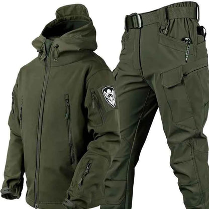Men's outdoor shark skin camouflage jacket and pants set by Mead's Supply & Equipment, softshell tactical fleece-lined military style.