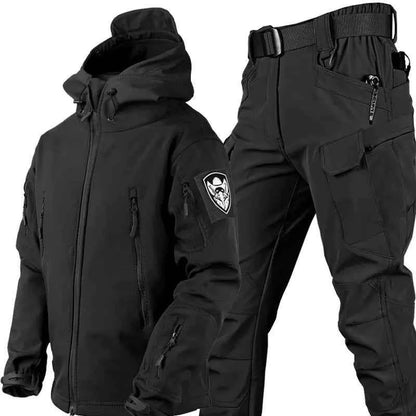 Men's outdoor shark skin camouflage jacket and pants set by Mead's Supply & Equipment, tactical softshell fleece-lined military style.