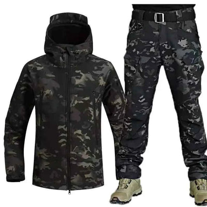 Men's outdoor shark skin camouflage jacket and pants set by Mead's Supply & Equipment, softshell fleece-lined military-style tactical clothing