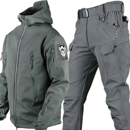 Men's outdoor camouflage jacket and pants set by Mead's Supply & Equipment, softshell tactical fleece-lined military-style clothing