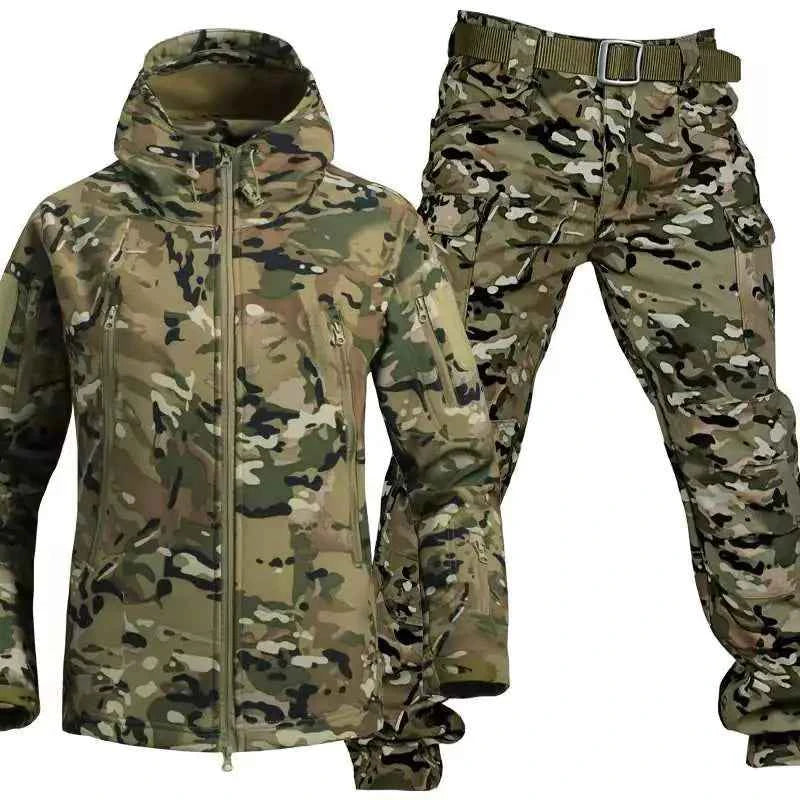 Men's outdoor shark skin camouflage jacket and pants set by Mead's Supply & Equipment, softshell fleece-lined tactical military style.