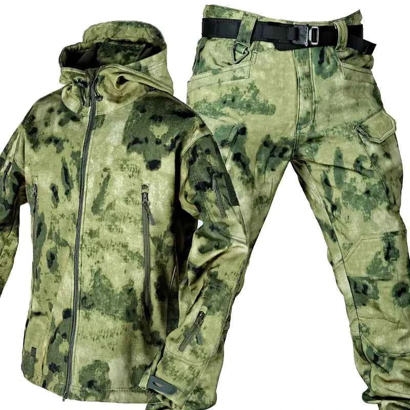 Men's camouflage jacket and pants set by Mead's Supply, softshell fleece-lined outdoor shark skin tactical military style clothing
