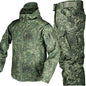 Men's camouflage jacket and pants set by Mead's Supply & Equipment, softshell fleece-lined outdoor shark skin tactical military style.