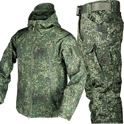 Men's camouflage jacket and pants set by Mead's Supply & Equipment, softshell, fleece-lined, military style, outdoor shark skin material.