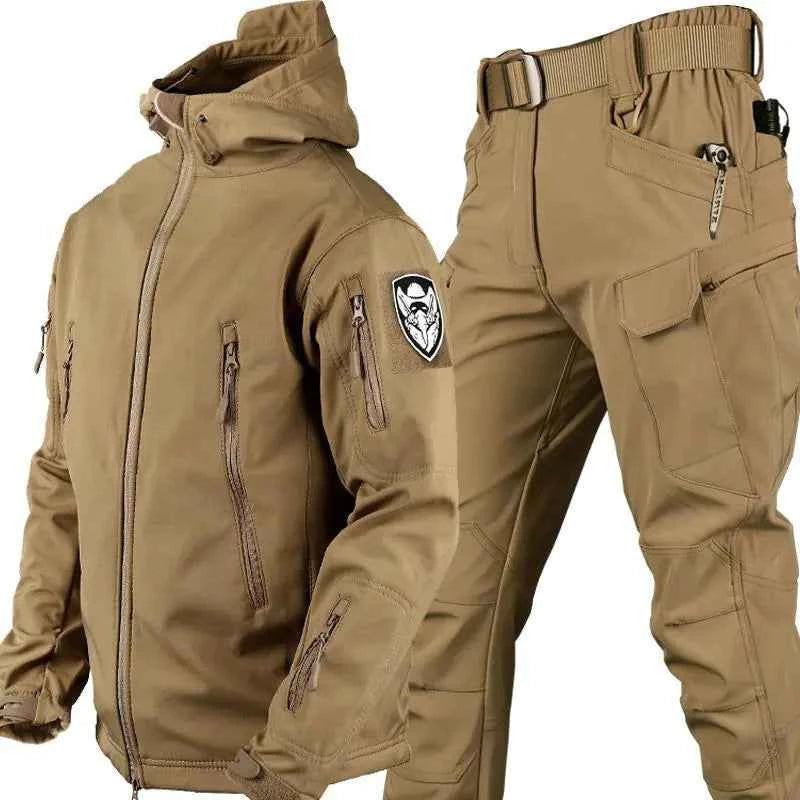 Men's outdoor camouflage jacket and pants set by Mead's Supply & Equipment, softshell tactical fleece-lined military-style clothing.
