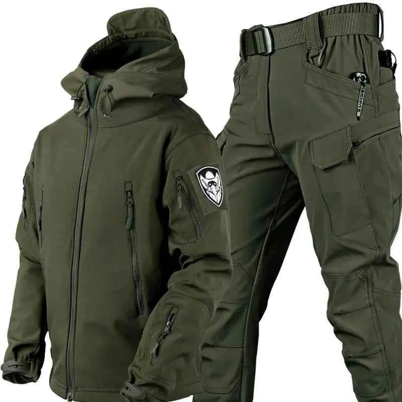 Men's outdoor shark skin camouflage jacket and pants set by Mead's Supply & Equipment, tactical softshell fleece-lined military style.