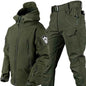 Men's outdoor shark skin camouflage jacket and pants set by Mead's Supply & Equipment, tactical softshell fleece-lined military style.