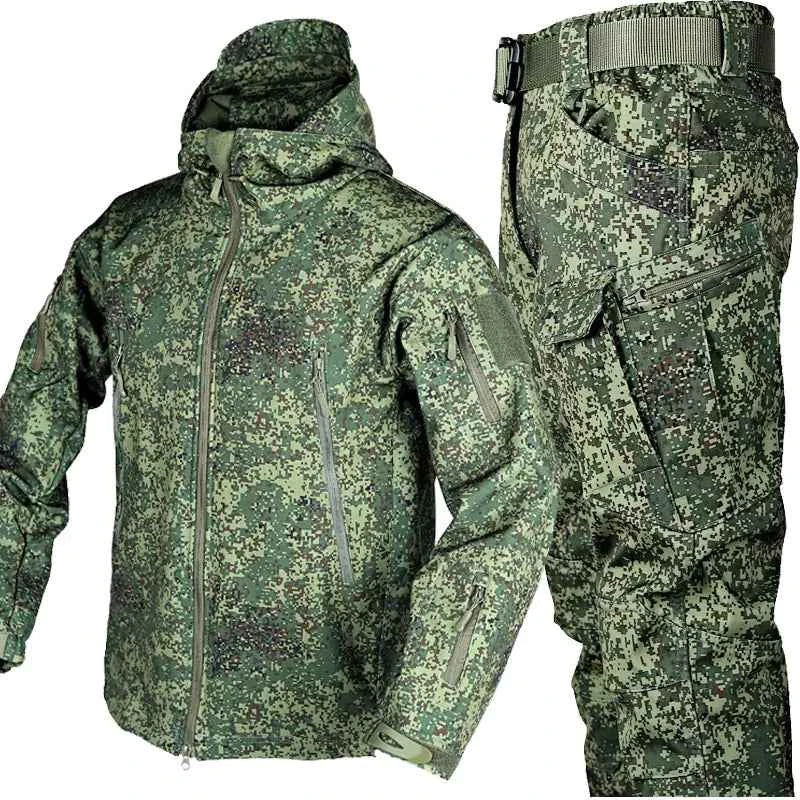 Men's tactical camouflage jacket and pants set by Mead's Supply, softshell fleece-lined outdoor shark skin military-style clothing.