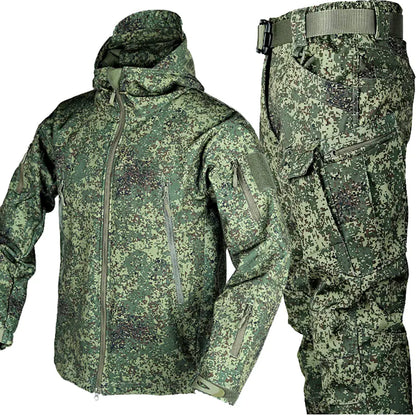 Men's camouflage shark skin warm outdoor jacket and pants set by Mead's Supply & Equipment, tactical softshell with fleece lining.