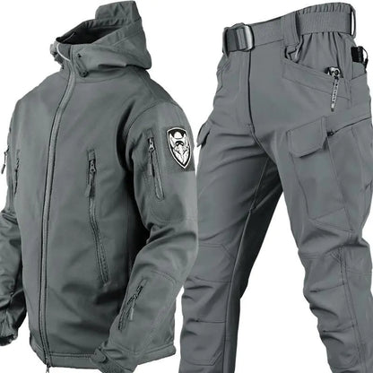 Men's outdoor camouflage jacket and pants set by Mead's Supply & Equipment, softshell tactical fleece-lined military-style clothing.