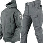 Men's outdoor camouflage jacket and pants set by Mead's Supply & Equipment, softshell tactical fleece-lined military-style clothing.