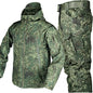 Men's outdoor camouflage shark skin softshell jacket and pants set by Mead's Supply, fleece-lined military-style tactical clothing.