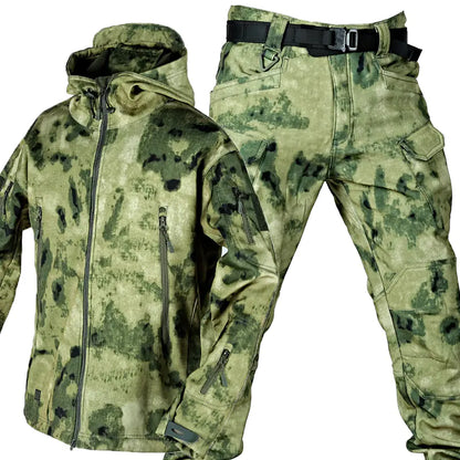 Men's camouflage softshell jacket and pants set by Mead's Supply, warm fleece-lined tactical outdoor shark skin military style.