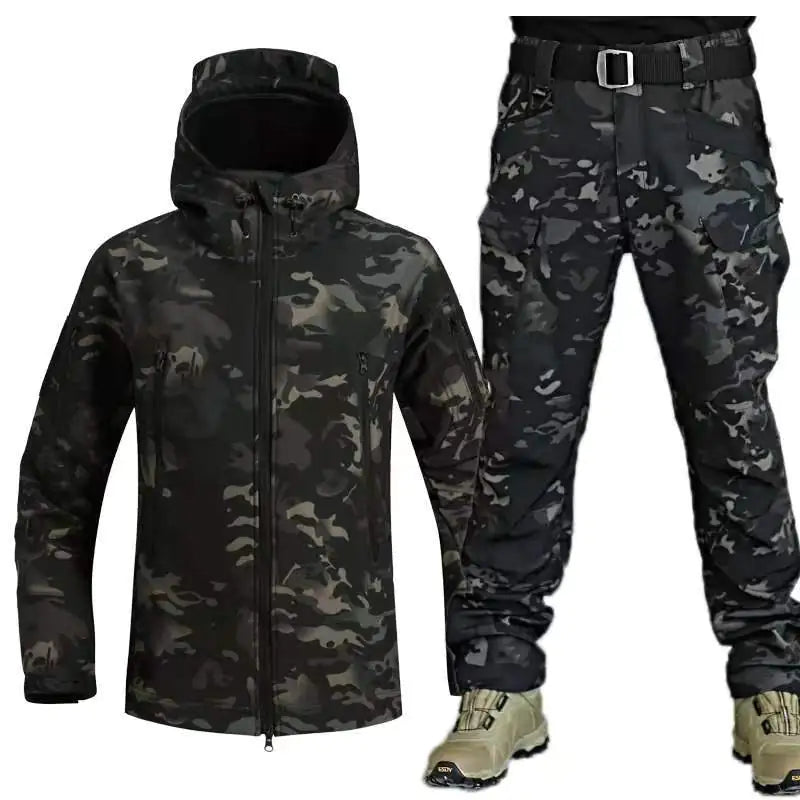 Men's outdoor camouflage jacket and pants set by Mead's Supply, tactical softshell with fleece lining, military-style shark skin design.