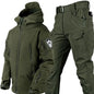 Men's outdoor camouflage jacket and pants set by Mead's Supply & Equipment Outfitters, softshell fleece-lined tactical military style.