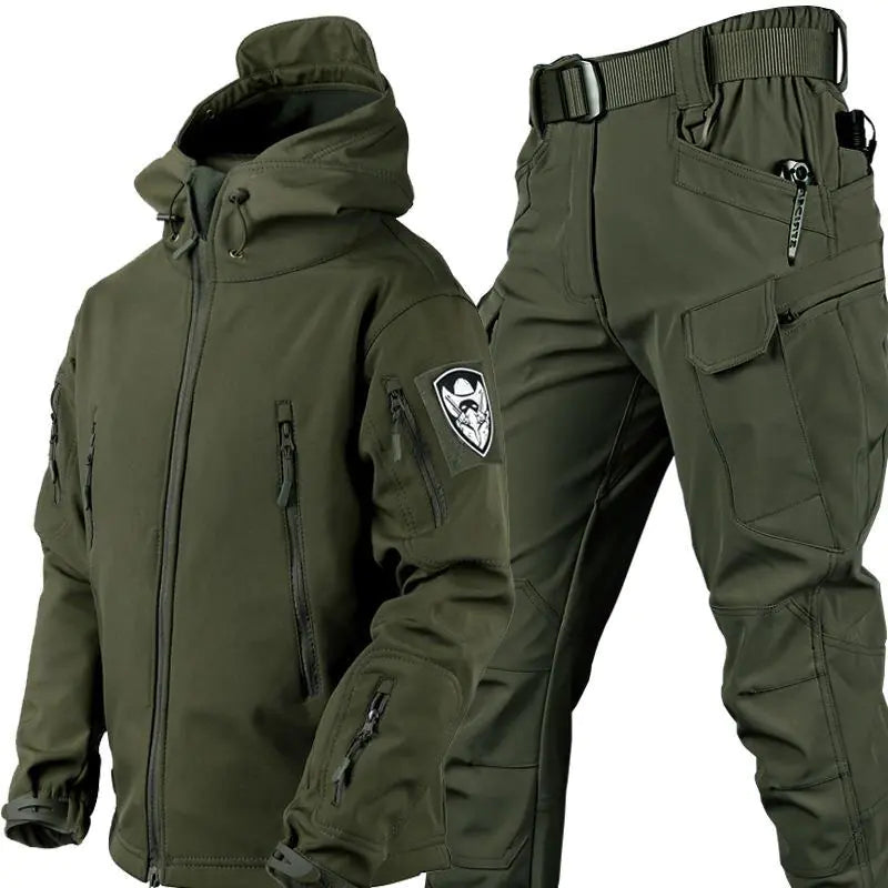 Men's outdoor camouflage jacket and pants set by Mead's Supply, softshell warm fleece-lined tactical military-style clothing.