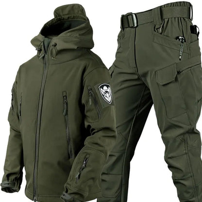 Men's outdoor camouflage jacket and pants set by Mead's Supply, softshell warm fleece-lined tactical military-style clothing.