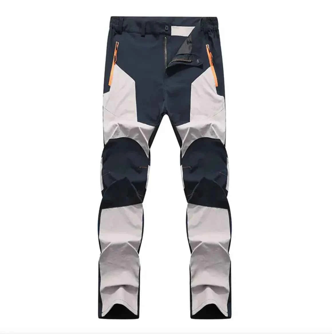 Dark blue men's waterproof hiking pants by Mead's Supply & Equipment Outfitters, windproof, stretch, and wear-resistant outdoor trousers.