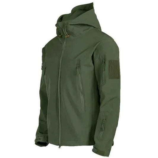 Men's tactical waterproof Shark Skin jacket by Mead's Supply & Equipment Outfitters, softshell outdoor jacket with fleece lining in green.