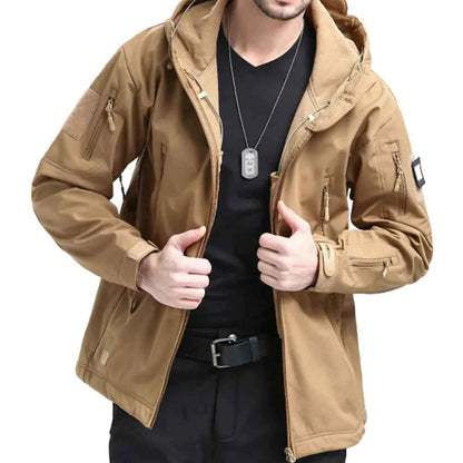 Men's Mead's Supply waterproof Shark Skin tactical softshell jacket with fleece lining, green outdoor jacket, durable and weather-resistant.