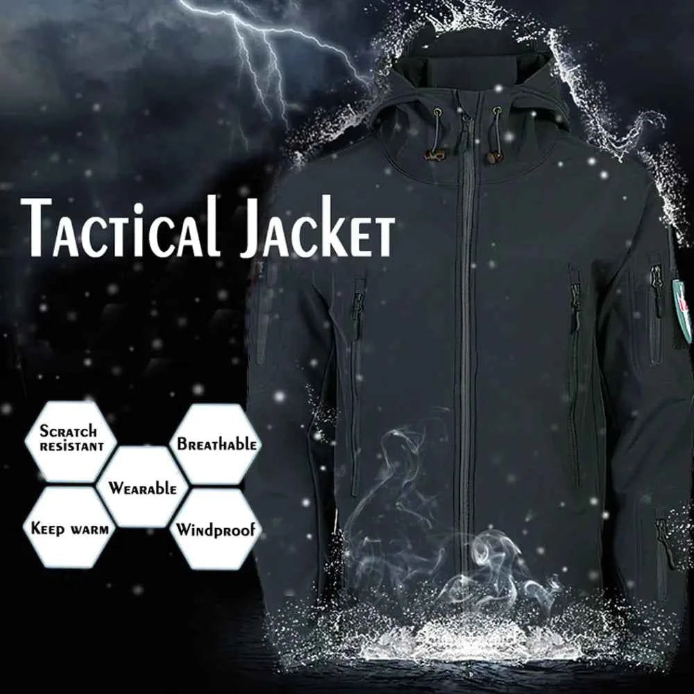 Men's green tactical waterproof Shark Skin jacket by Mead's Supply & Equipment Outfitters, softshell outdoor jacket with fleece lining.