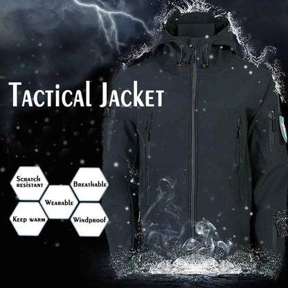 Men's green tactical waterproof Shark Skin jacket by Mead's Supply & Equipment Outfitters, softshell outdoor jacket with fleece lining.