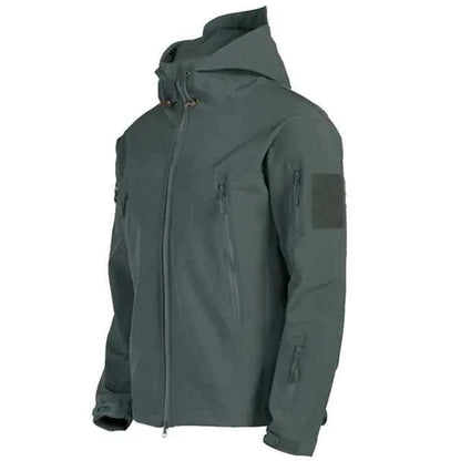 Men's Mead's Supply & Equipment waterproof Shark Skin tactical softshell jacket with fleece lining, green outdoor clothing for men.