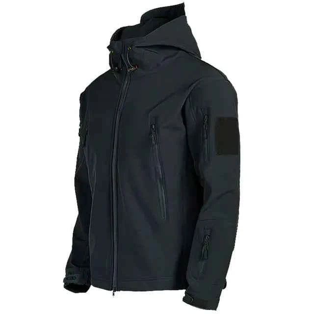 Men's green tactical waterproof Shark Skin jacket by Mead's Supply & Equipment Outfitters, softshell outdoor jacket with fleece lining.