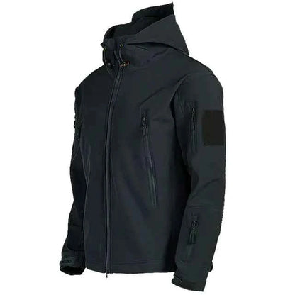 Men's green tactical waterproof Shark Skin jacket by Mead's Supply & Equipment Outfitters, softshell outdoor jacket with fleece lining.