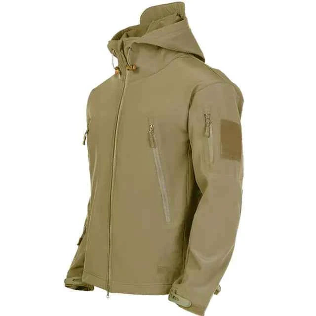 Men's tactical waterproof Shark Skin jacket by Mead's Supply & Equipment Outfitters, green softshell outdoor jacket with fleece lining.