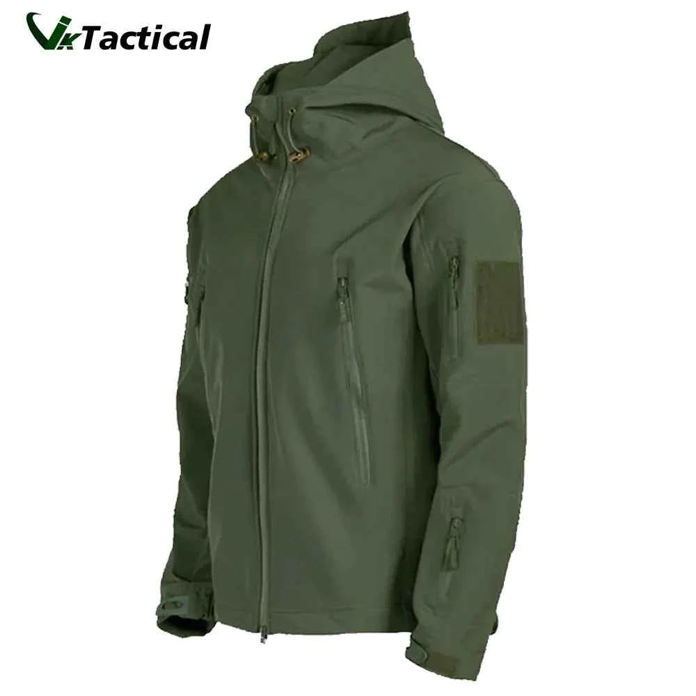 Men's Mead's Supply & Equipment Outfitters waterproof Shark Skin tactical softshell jacket with fleece lining in green, outdoor clothing.