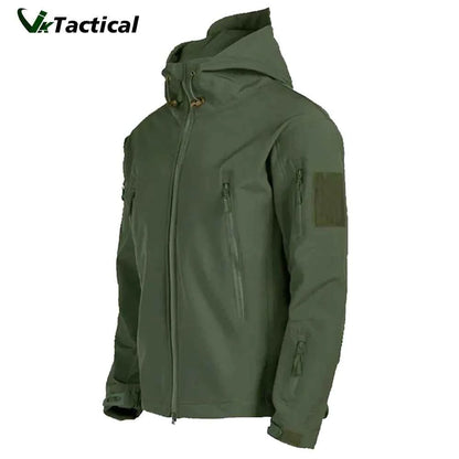Men's Mead's Supply & Equipment Outfitters waterproof Shark Skin tactical softshell jacket with fleece lining in green, outdoor clothing.