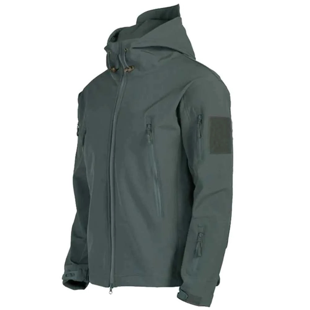 Men's tactical waterproof Shark Skin jacket by Mead's Supply & Equipment Outfitters, softshell outdoor jacket with fleece lining in green.