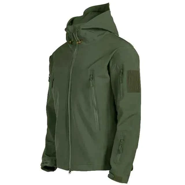 Men's tactical waterproof Shark Skin jacket by Mead's Supply & Equipment Outfitters, green softshell outdoor jacket with fleece lining