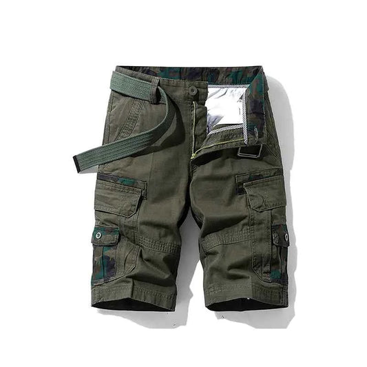 Men's green 100% cotton cargo shorts by Mead's Supply & Equipment Outfitters, knee-length outdoor summer wear, casual style.