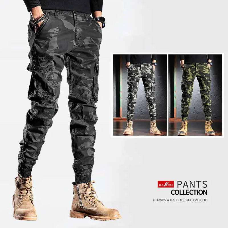 Men's oversized camouflage cargo pants by Mead's Supply & Equipment Outfitters, multi-pocket outdoor trousers in khaki.