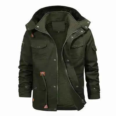 Men's khaki cotton jacket with removable velvet lining and hood, thickened for winter, by Mead's Supply & Equipment Outfitters.
