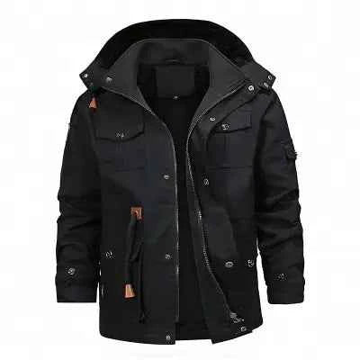 Men's khaki cotton jacket with removable velvet lining, hooded winter coat by Mead's Supply & Equipment Outfitters, size 3XL.