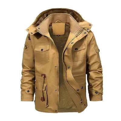 Men's khaki thickened cotton jacket with removable velvet lining and hood, designed for winter warmth by Mead's Supply & Equipment.