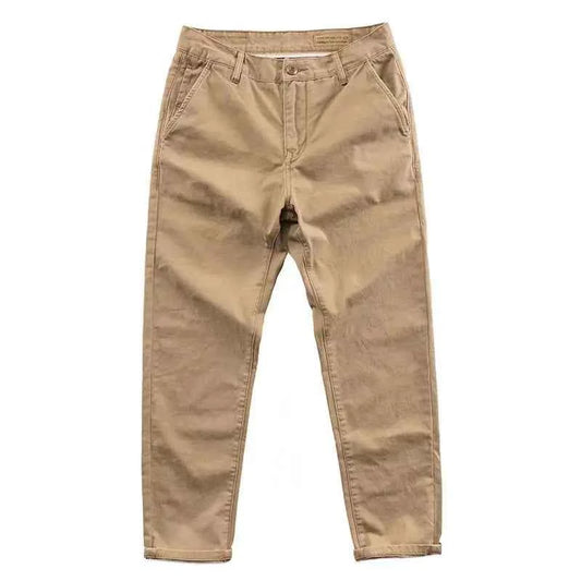 Men's loose fit khaki cotton cargo pants by Mead's Supply & Equipment, heavy-duty work pants for casual spring and autumn wear.