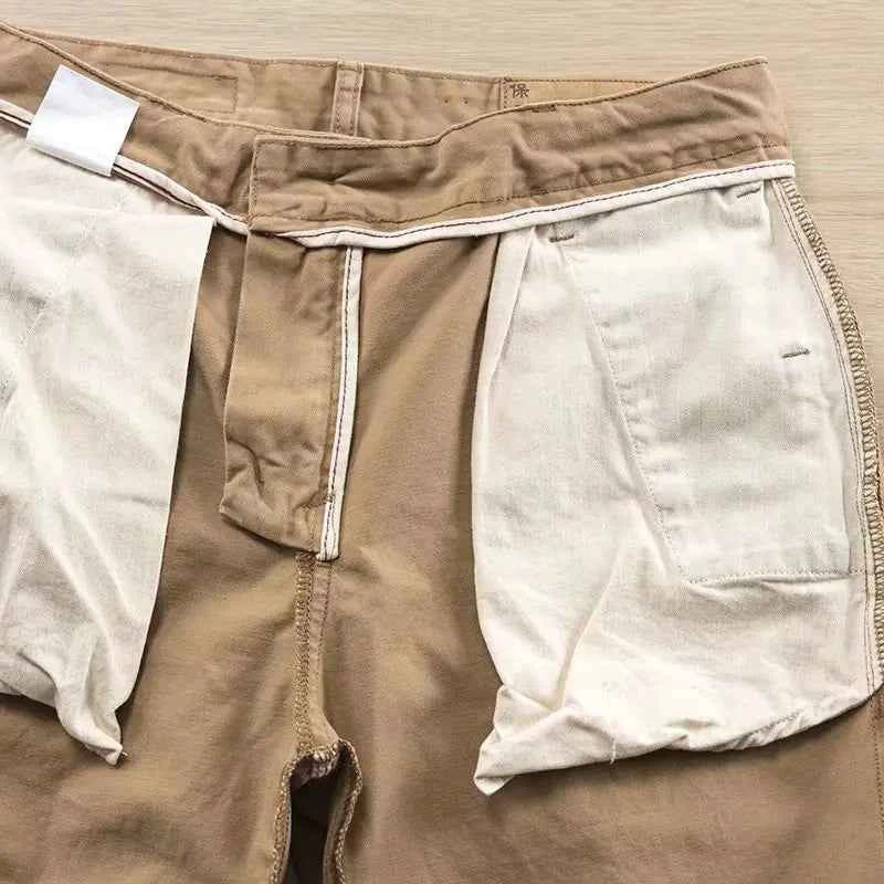 Men's casual loose fit cotton cargo pants by Mead's Supply & Equipment Outfitters, khaki, heavy-duty work pants for spring and autumn.