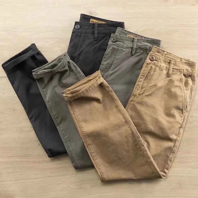 Men's casual loose fit cotton cargo pants by Mead's Supply & Equipment Outfitters, khaki, heavy-duty work pants for spring and autumn.