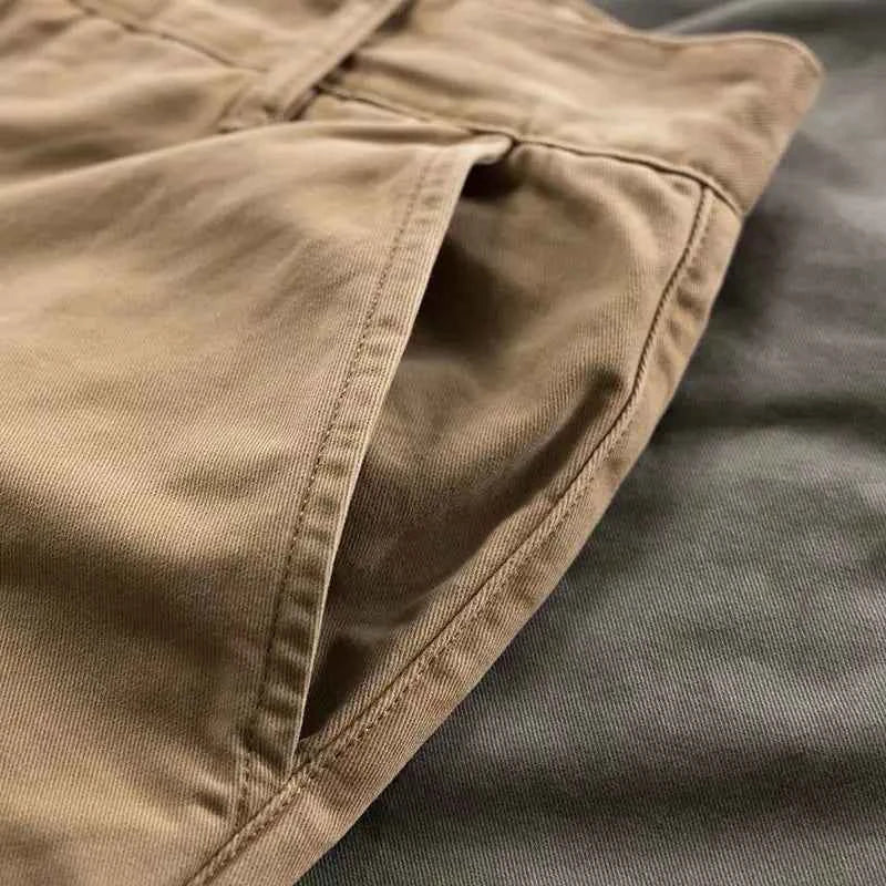 Men's casual loose fit cotton cargo pants by Mead's Supply & Equipment Outfitters, khaki, heavy-duty work pants for spring and autumn.