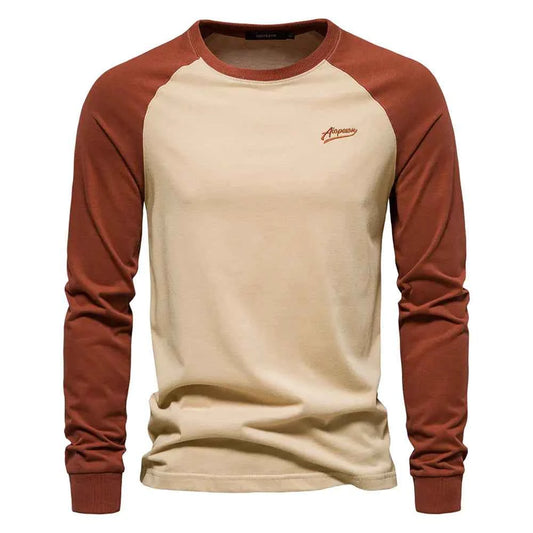 Men's cotton long sleeve color block T-shirt by Mead's Supply & Equipment Outfitters, featuring casual style and comfortable fit.
