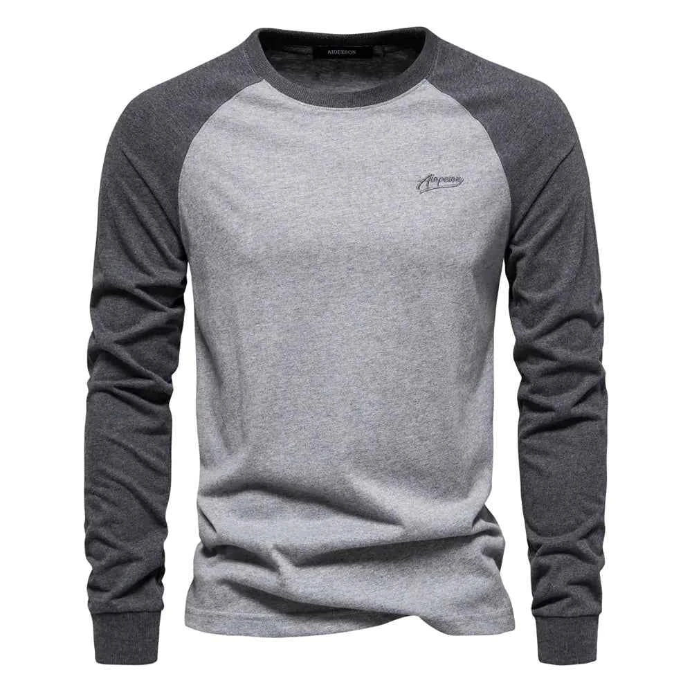 Men's cotton long sleeve color block T-shirt in khaki from Mead's Supply & Equipment Outfitters, casual style and comfortable fit