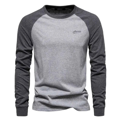 Men's cotton long sleeve color block T-shirt in khaki from Mead's Supply & Equipment Outfitters, casual style and comfortable fit