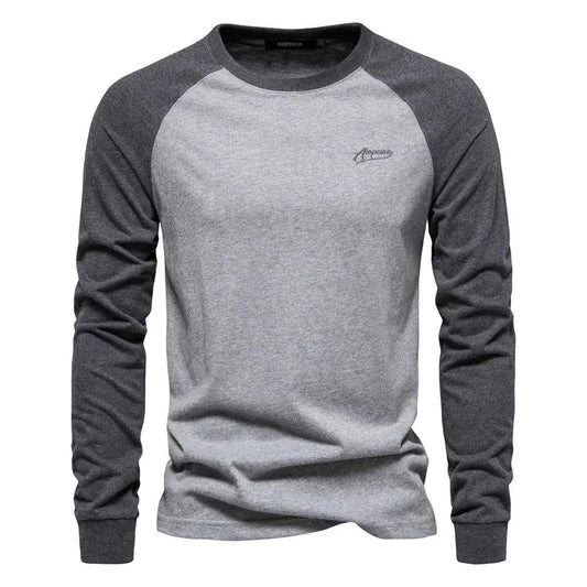 Men's cotton long sleeve color block T-shirt in khaki from Mead's Supply & Equipment Outfitters, casual style and comfortable fit
