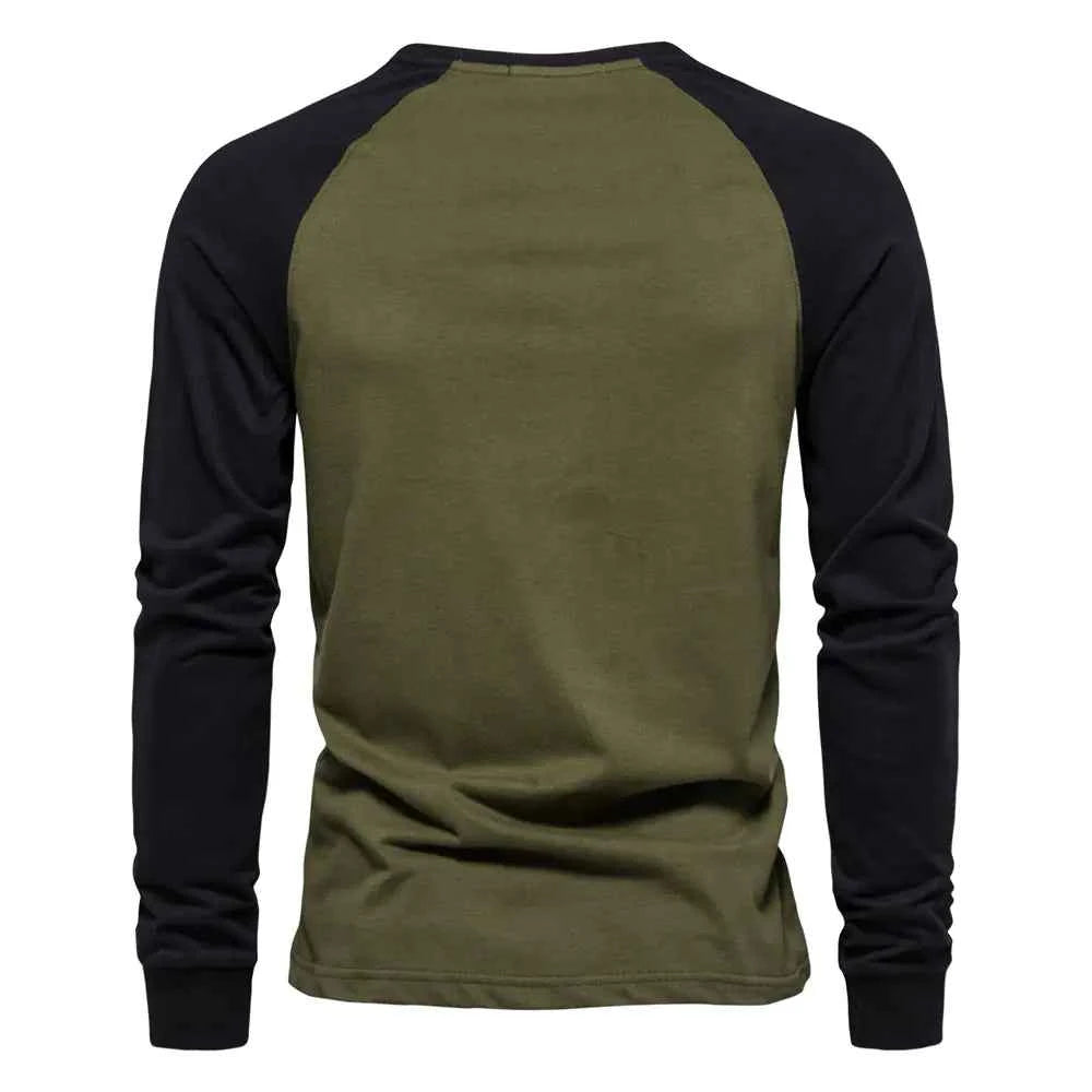 Men's cotton long sleeve color block T-shirt by Mead's Supply & Equipment Outfitters, featuring casual style and comfortable fit.