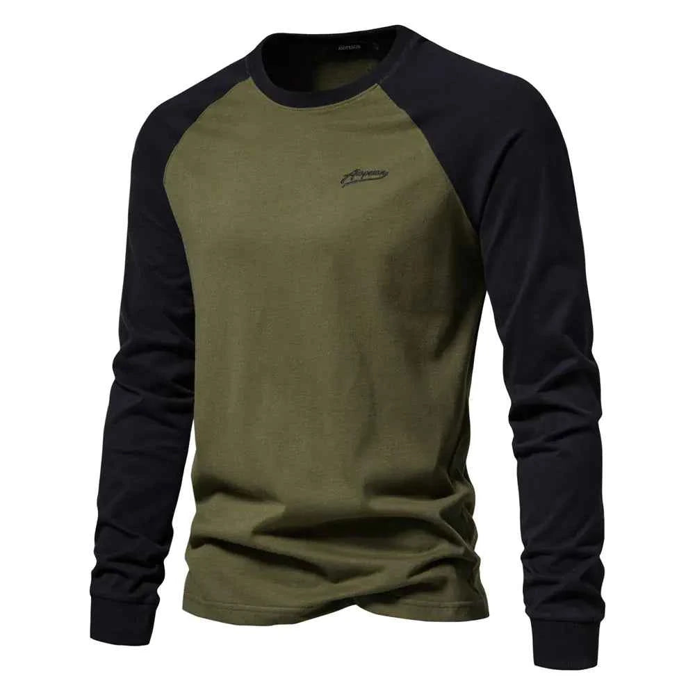 Men's cotton long sleeve color block T-shirt by Mead's Supply & Equipment Outfitters, featuring casual style and comfortable fit.